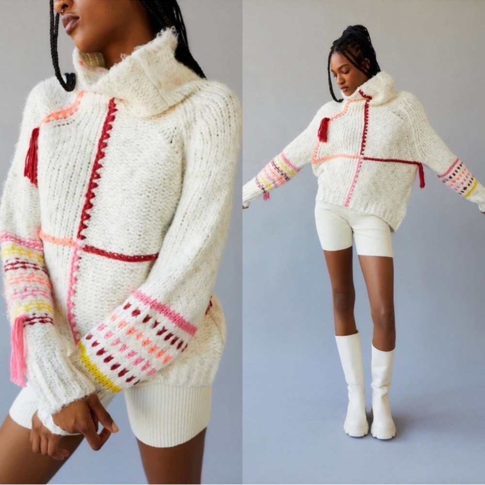 BDG Urban Outfitters Anissa Cream Knit Multicolored Fringe Mockneck Sweater